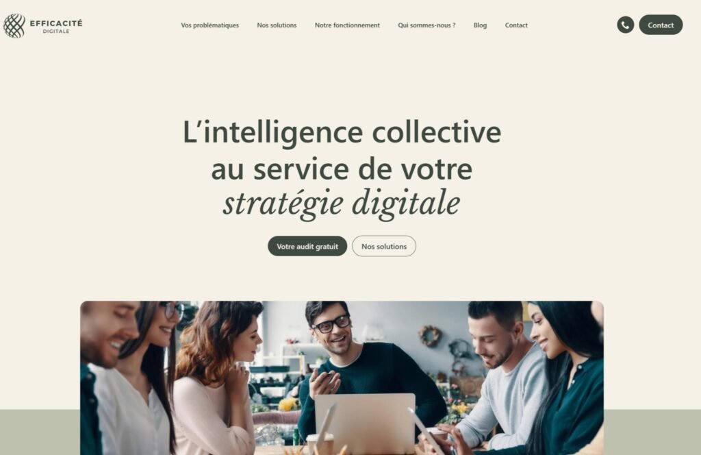 Création d’un site vitrine pour Efficacité Digitale, collectif d’experts à Angers : identité visuelle moderne, navigation intuitive et messages clairs pour valoriser leur accompagnement digital. Un site pensé pour inspirer confiance, présenter l’offre simplement et générer des prises de contact rapidement.