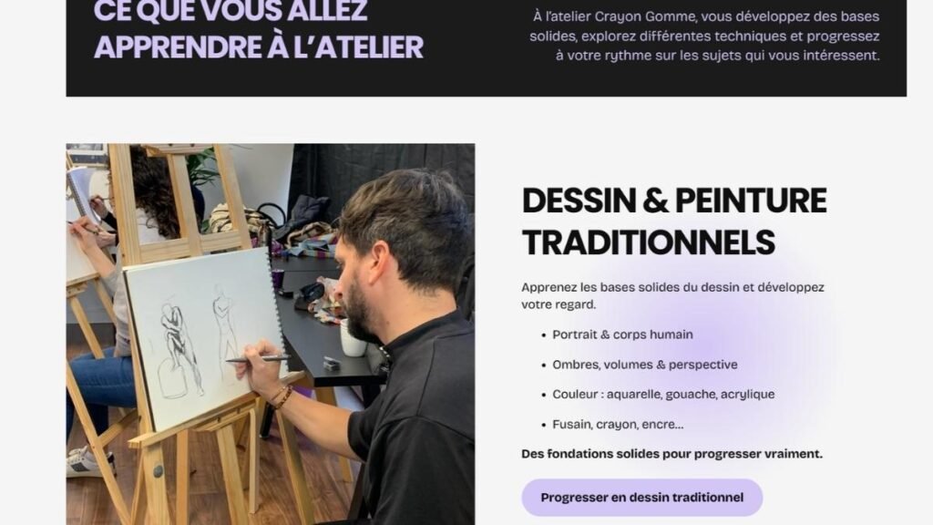 cours côte à côte (dessin traditionnel, digital painting, extérieur, musée). Ça illustre la diversité de l'offre et la clarté du parcours.