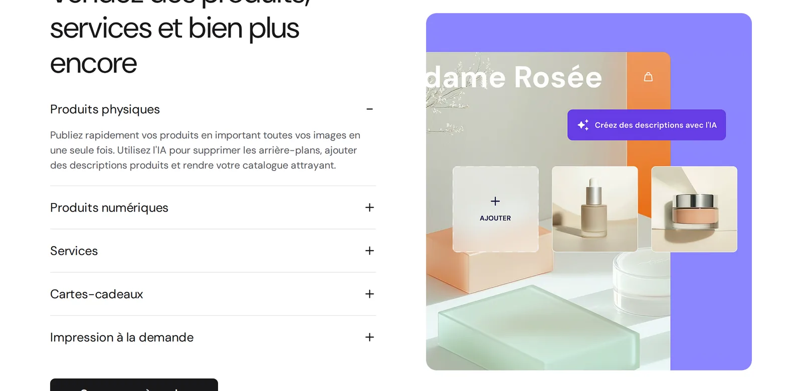 Hostinger eCommerce : types de produits (physiques, numériques, services, cartes-cadeaux, impression à la demande) et aperçu d'une boutique en ligne