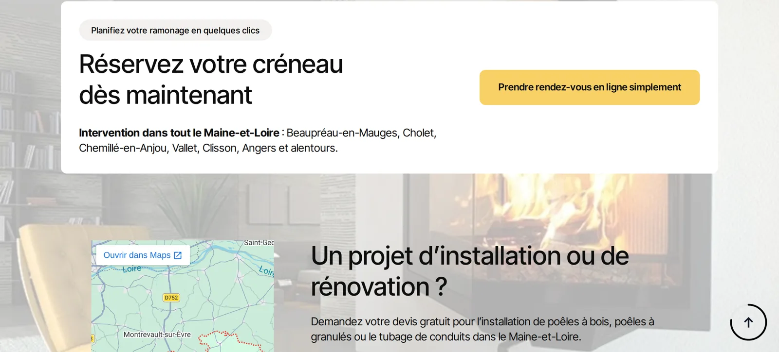 Site internet ramoneur avec réservation en ligne et zone d'intervention en Maine-et-Loire