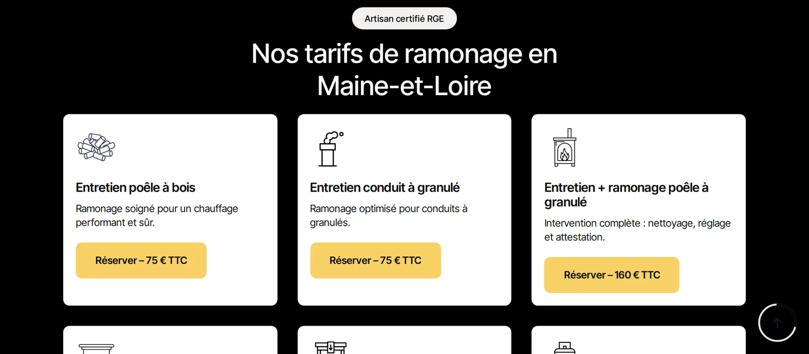 Site internet ramoneur : grille de tarifs affichés en clair, déplacement inclus